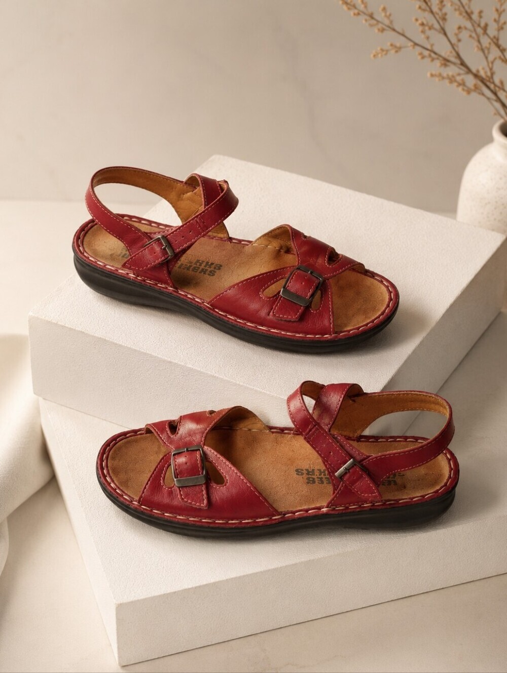 Volks Walkers Red Leather Comfort Sandals EU 38 Buckle Ankle Strap